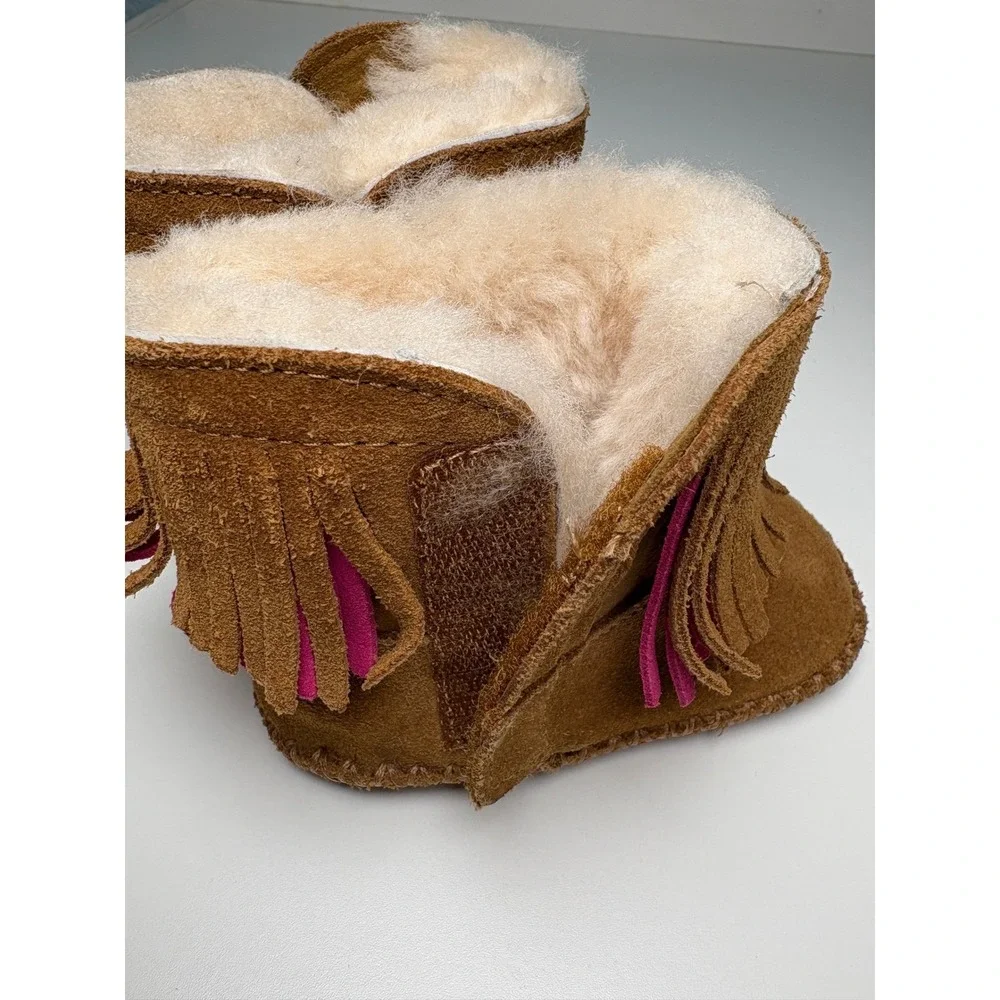 UGG Boots 2/3 infant Chestnut Pink‎ Fringe Suede Sheepskin Booties branyn